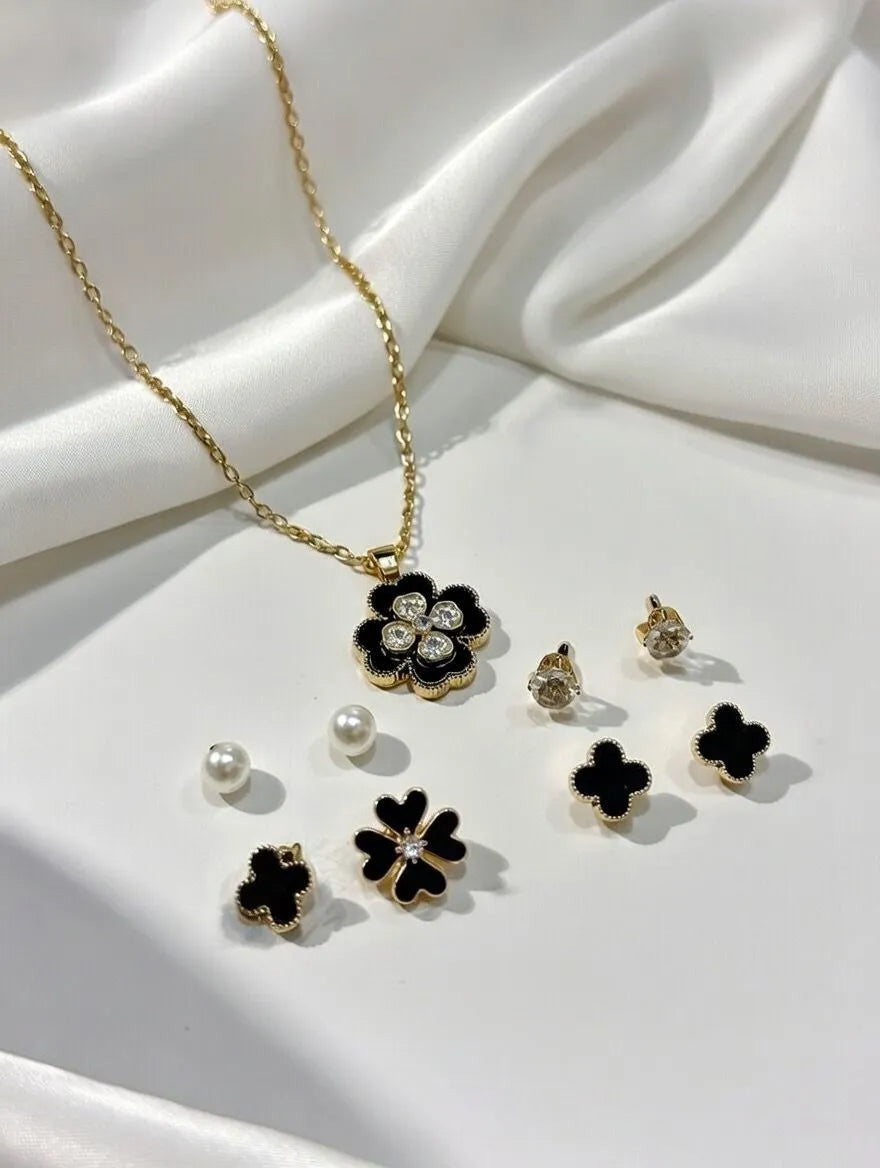 Aureva 5-piece jewelry set for women Pakistan - Black clover necklace with 4 pairs of tops including pearls and crystals