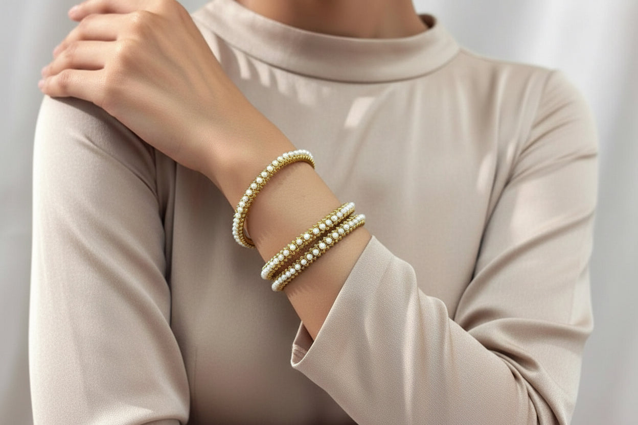 Premium Pearl-Encrusted Gold Bangles for Women – Elegant Bridal & Mehndi Jewellery