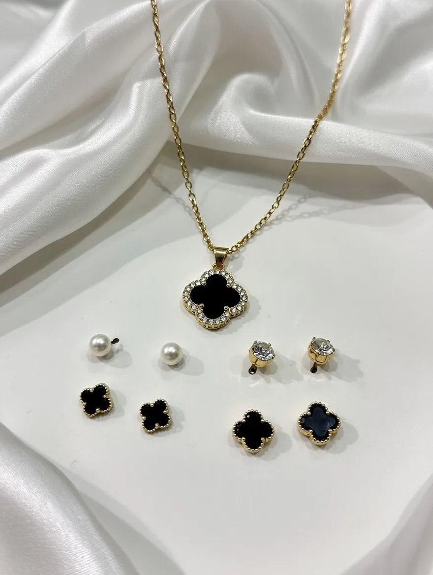 Aureva 5-Piece Black Clover Jewelry Set – Elegant Floral Necklace & 4 Pairs of Tops for Teenagers in Pakistan