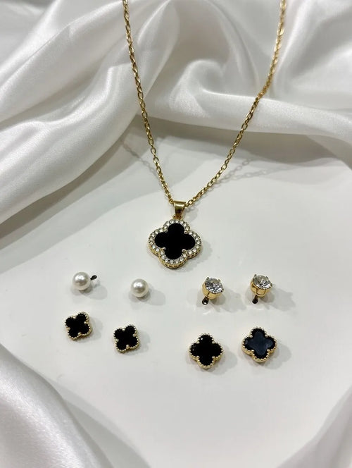 Aureva 5-Piece Black Clover Jewelry Set – Elegant Floral Necklace & 4 Pairs of Tops for Teenagers in Pakistan
