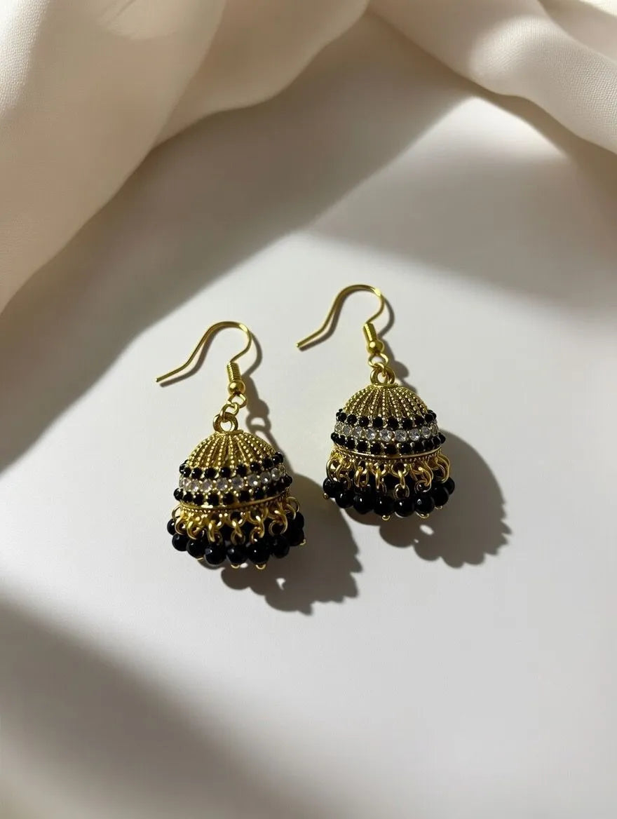 Aureva traditional gold plated jhumki earrings for women Pakistan - Antique beaded jhumkas in pink and black variants