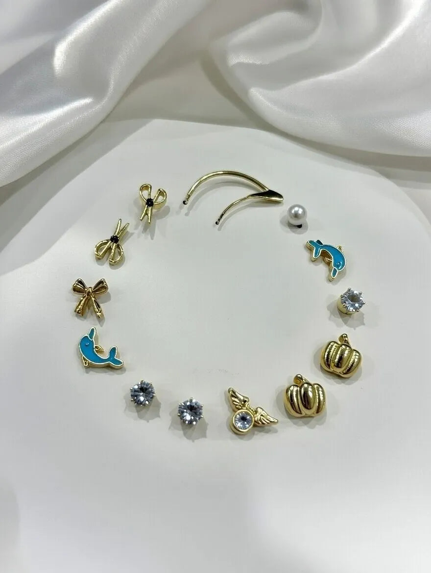 Aureva 12 pairs variety tops earrings design set for kids and teenagers - Gold-tone studs pearls and crystals earrings Pakistan