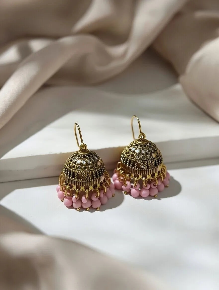 Aureva traditional gold plated jhumki earrings for women Pakistan - Antique beaded jhumkas in pink and black variants