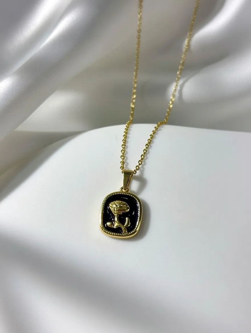 Gold rose medallion pendant for girls Pakistan - Black enamel floral necklace for women gold plated Lahore Karachi