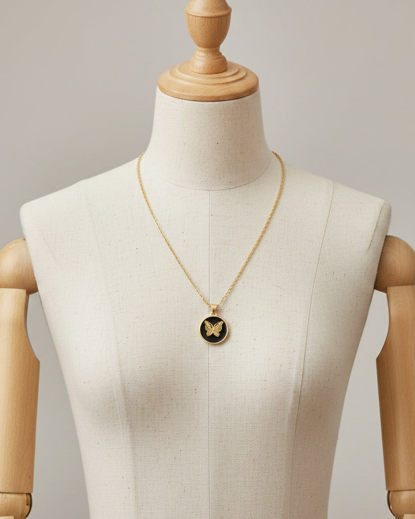 Golden Butterfly Pendant Necklace for Women – Elegant Circular Black Inlay Design