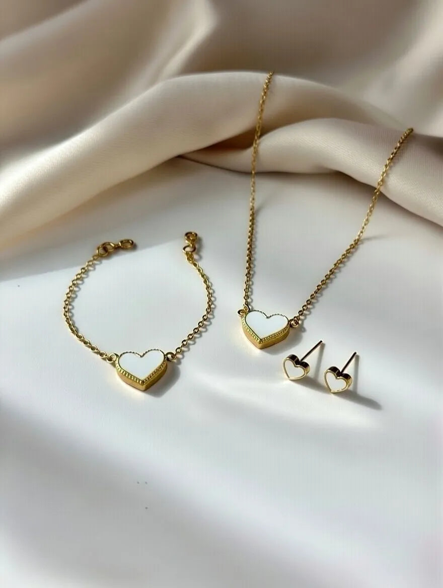 Minimalist white heart pendant necklace and matching accessories for girls - Casual jewelry online shopping Pakistan