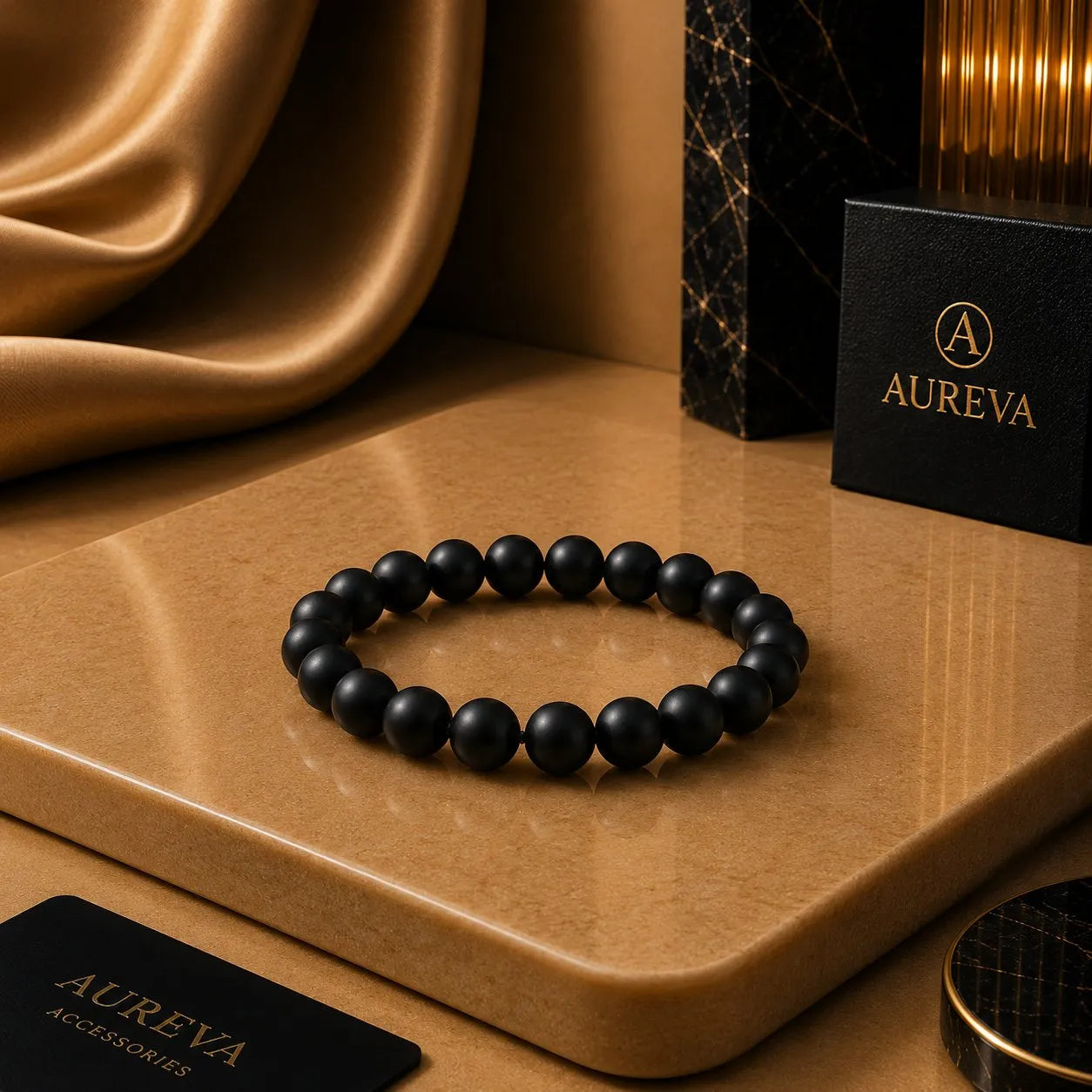 Unisex Polished Black Onyx Stretch Beaded Bracelet for Men and Women