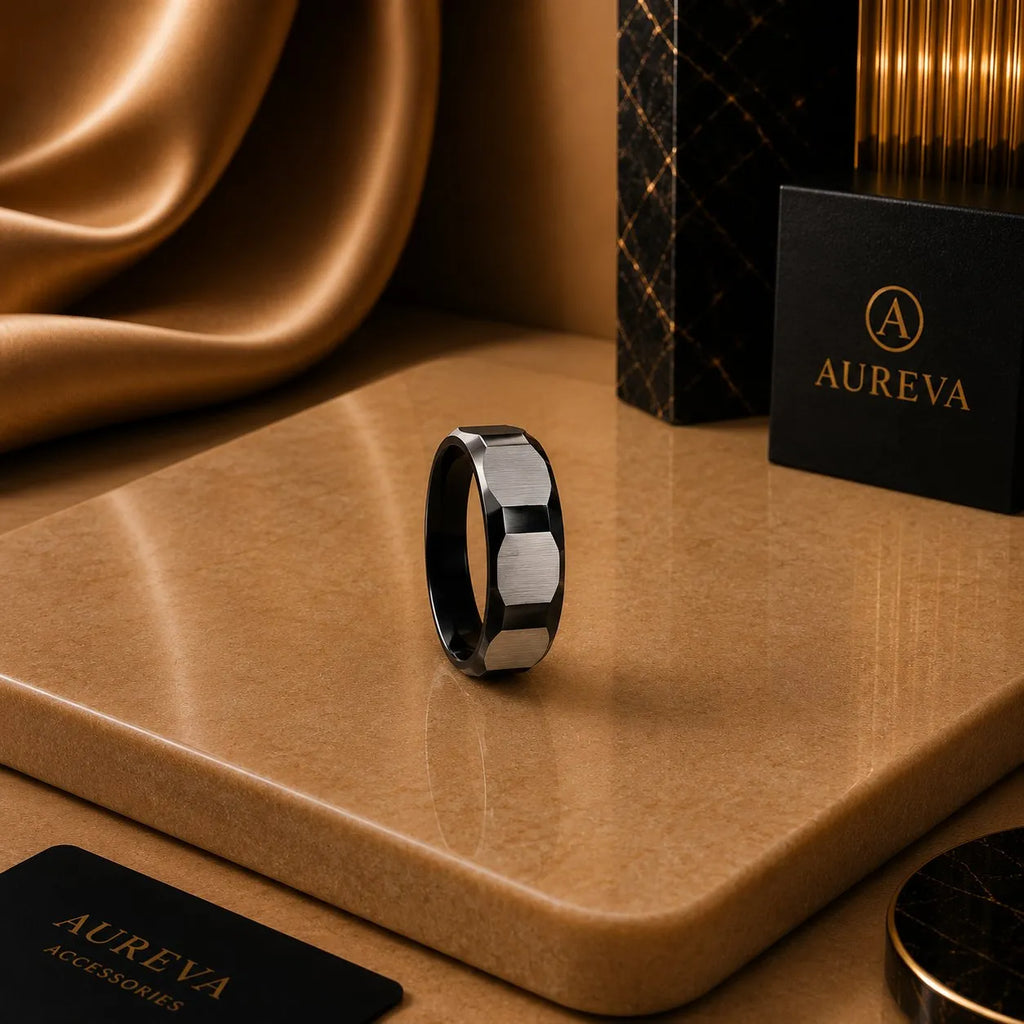 Men's Brushed Steel Geometric Pattern Band Ring in Black and Gold