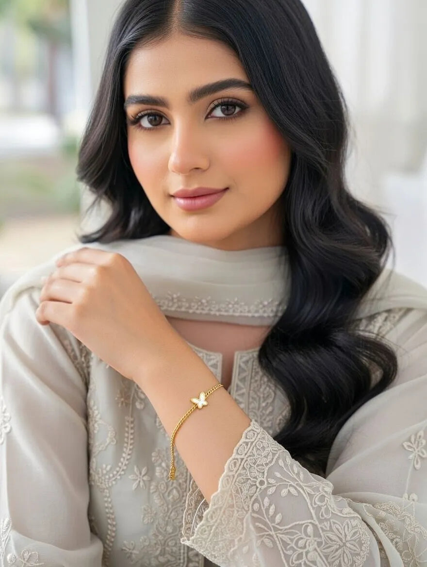 Gold beaded Butterfly charm bracelet for girls - Elegant tarnish-free artificial jewelry online shopping Lahore Karachi