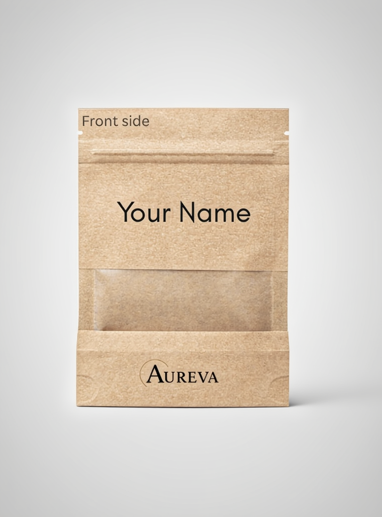 Brown paper packaging with 'Your Name' and 'Aureva' text on a white background