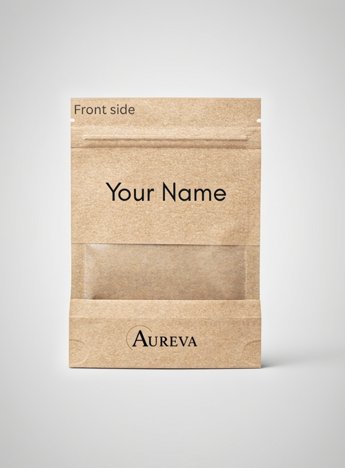 Brown paper packaging with 'Your Name' and 'Aureva' text on a white background