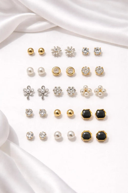 Aureva 12 pairs variety tops earrings design set for kids and teenagers - Gold-tone studs pearls and crystals earrings Pakistan