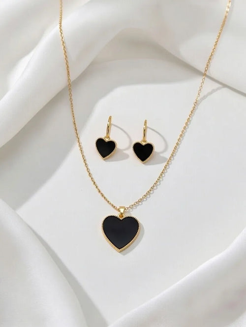 Aureva black heart necklace and earrings set for women Pakistan - Gold plated heart jewelry for teenagers