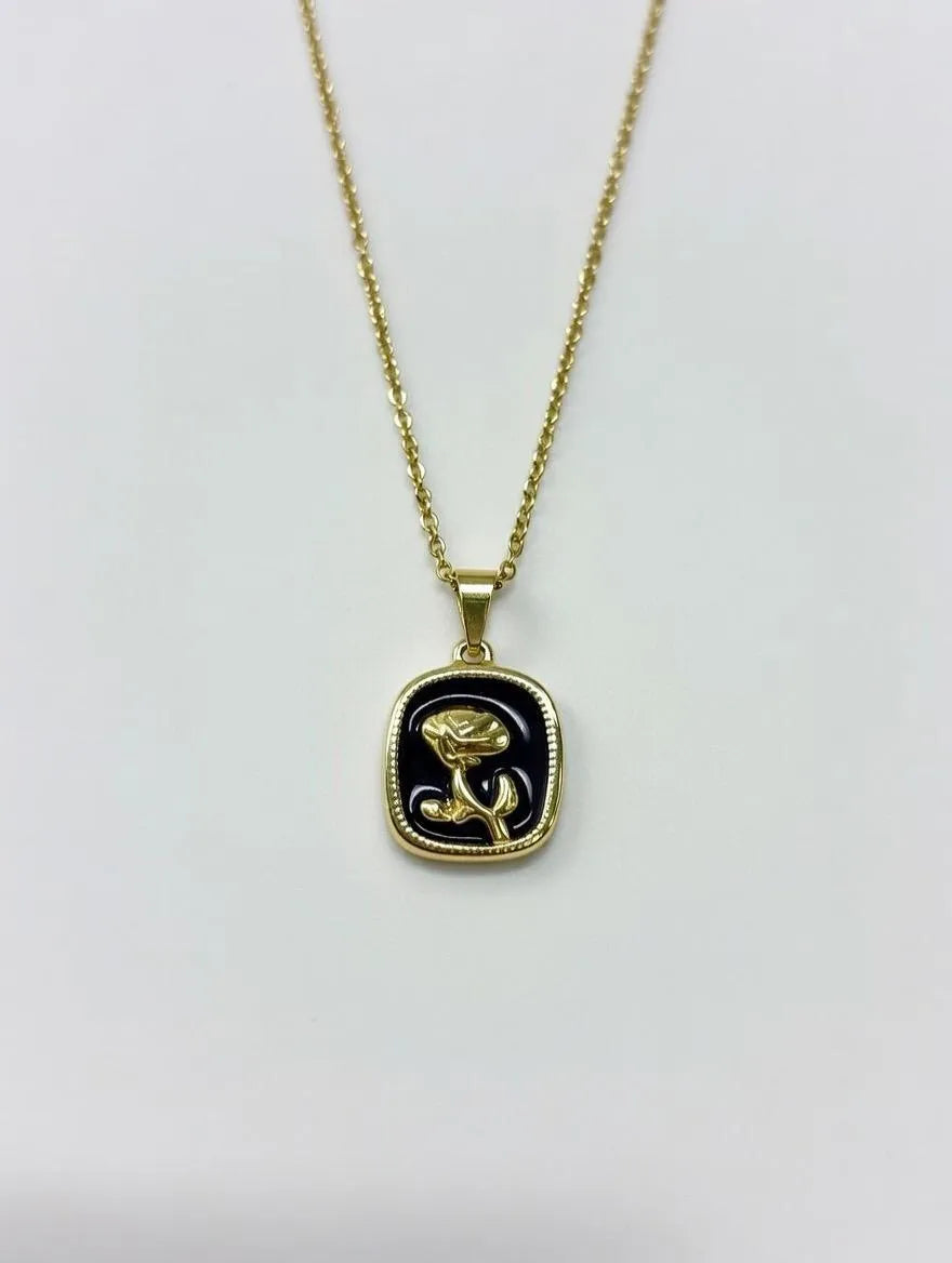 Gold rose medallion pendant for girls Pakistan - Black enamel floral necklace for women gold plated Lahore Karachi