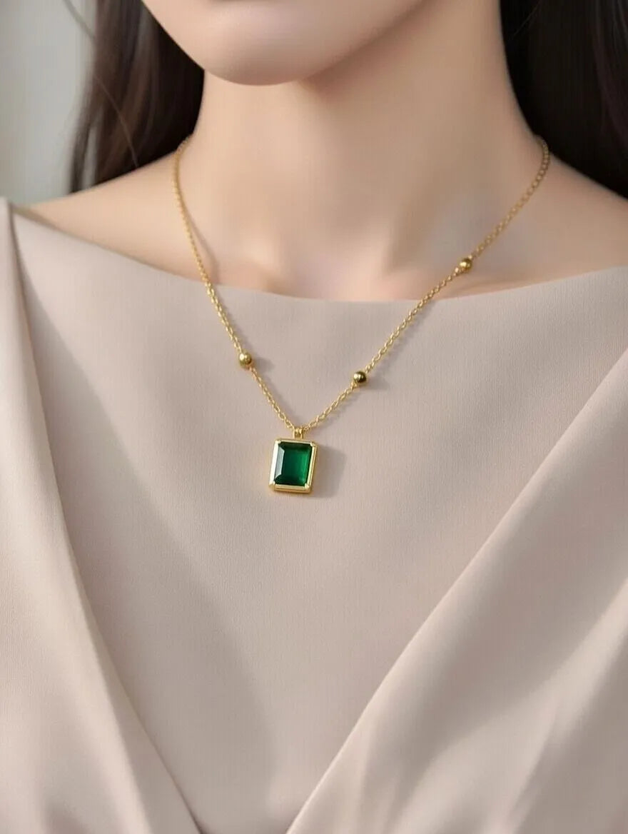 Emerald Green Square Pendant Necklace Gold | Pendant for Women & Girls Pakistan
