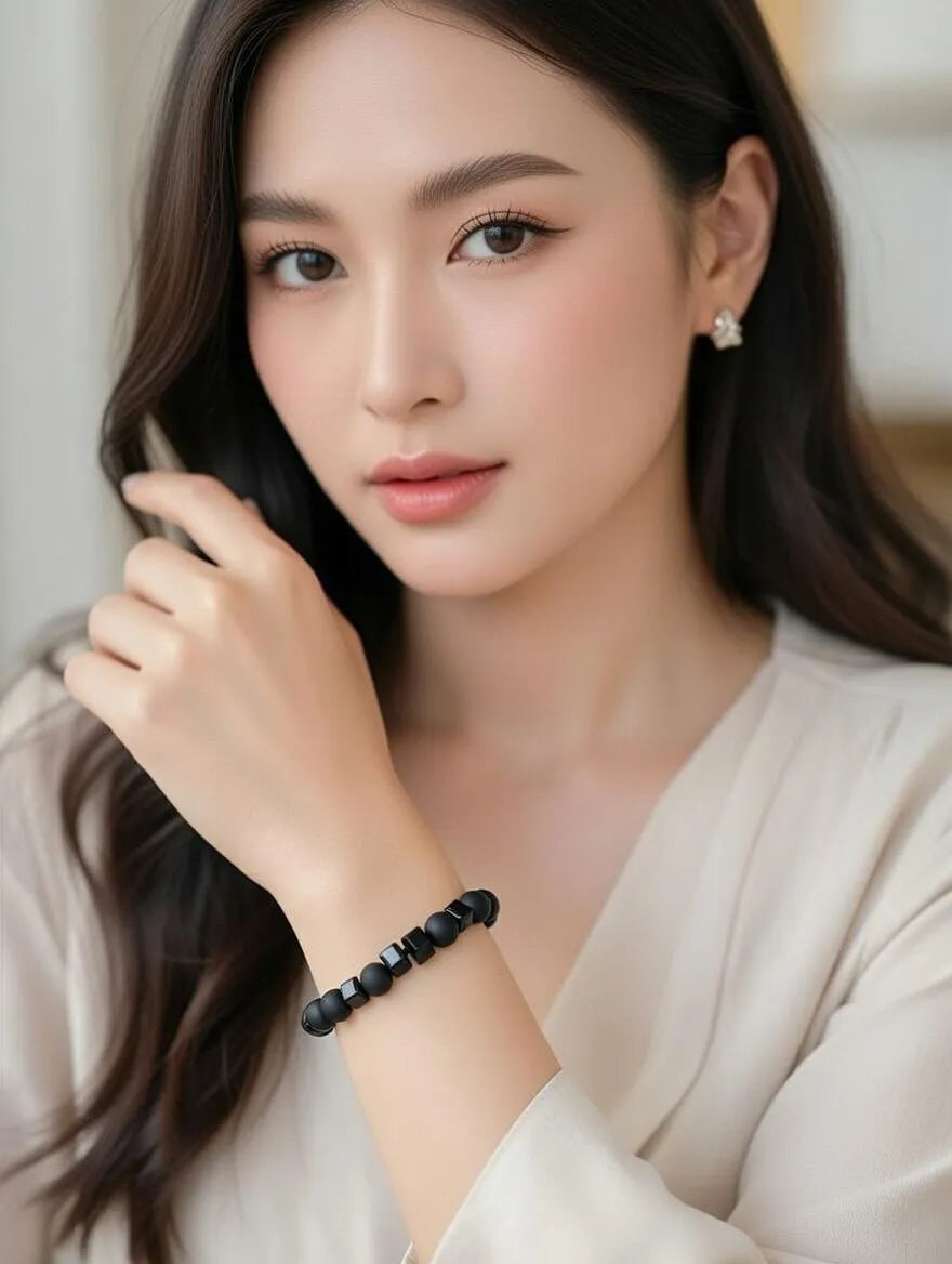 Handmade men's bracelet featuring matte black round onyx beads 