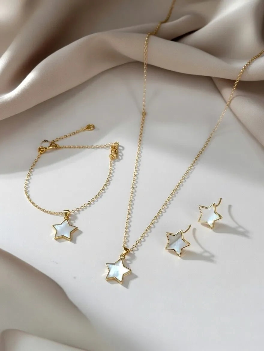 white star necklace bracelet and earrings set in gold plated stainless steel - Women fashion jewelry Pakistan