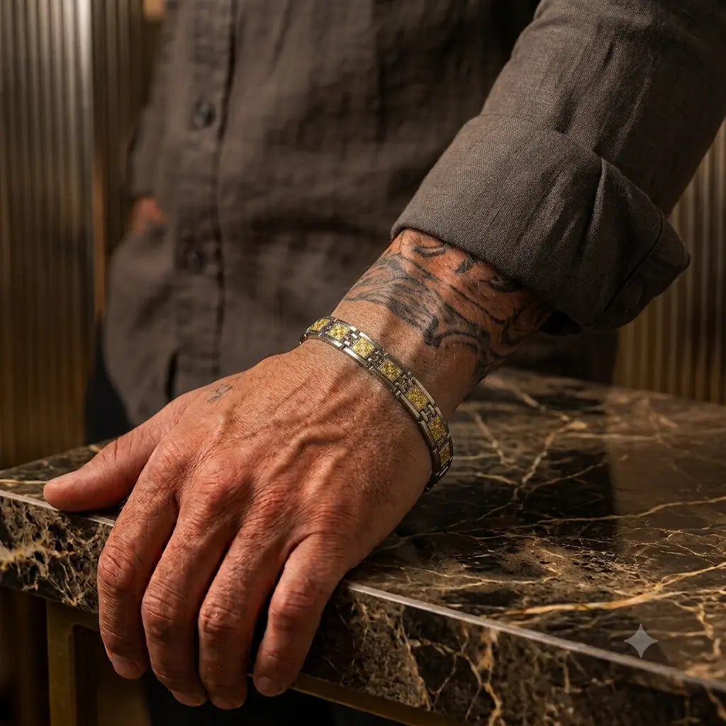 A close-up of a person's tattooed hand resting on a dark marble table while wearing a gold-toned chain bracelet with a blue stone inlay.