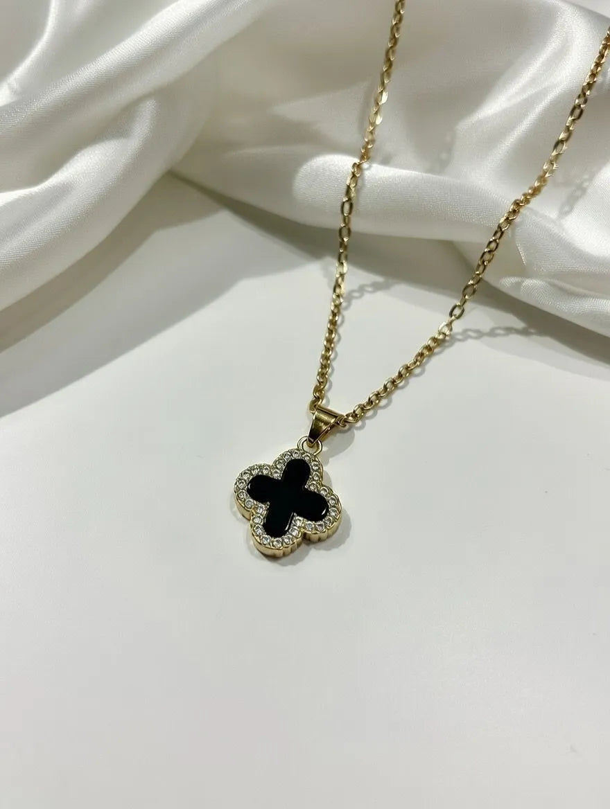 Minimalist gold chain with black enamel flower pendant - Elegant tarnish-free artificial jewelry online shopping