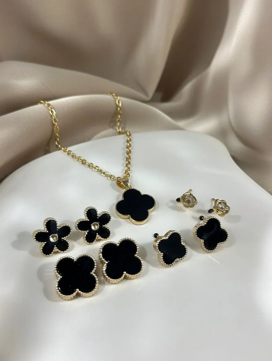 Black and Green four-leaf clover necklace set for women gold plated 