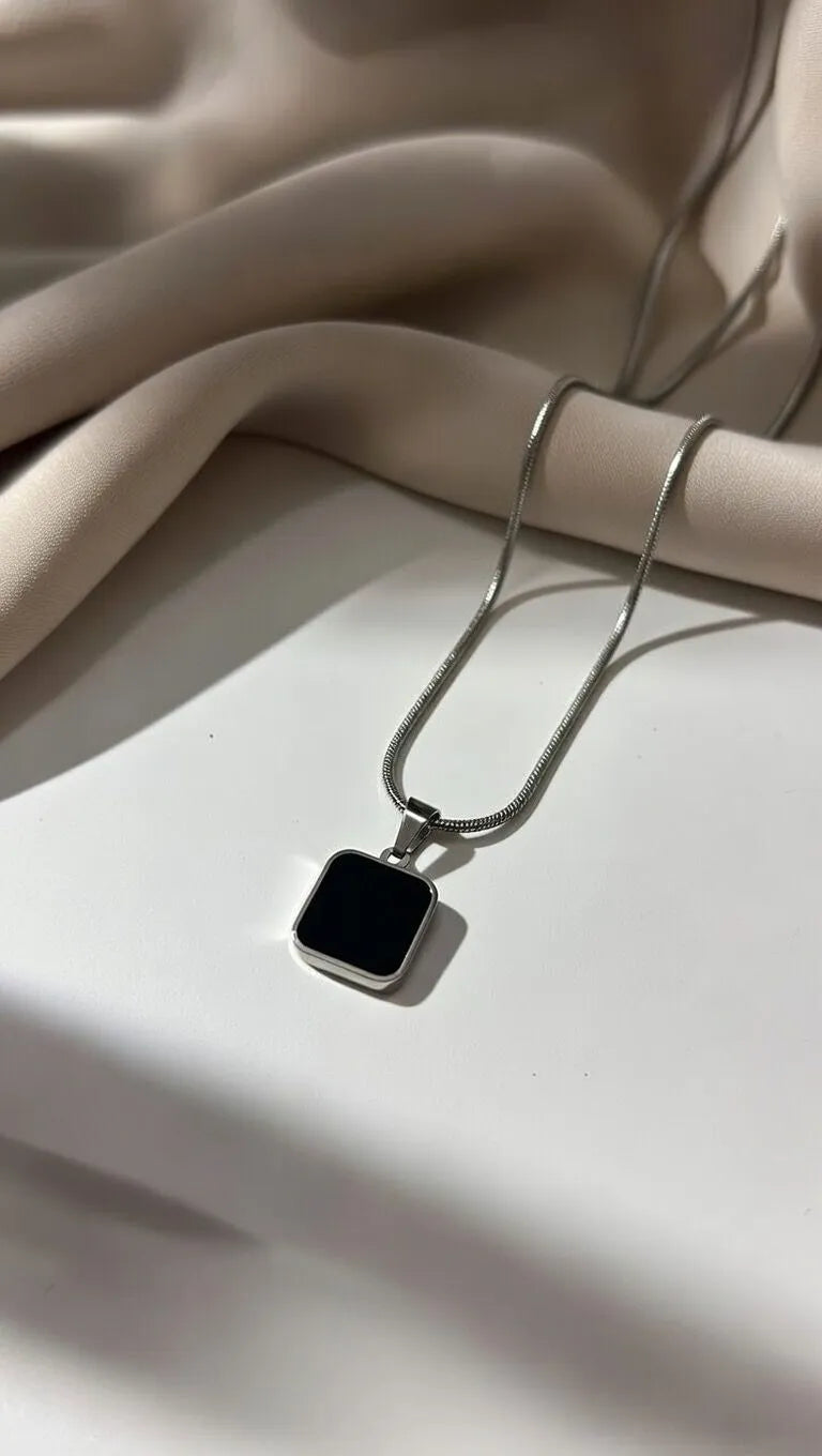 Dual sided black and white square pendant gold necklace for women - Reversible jewelry Pakistan
