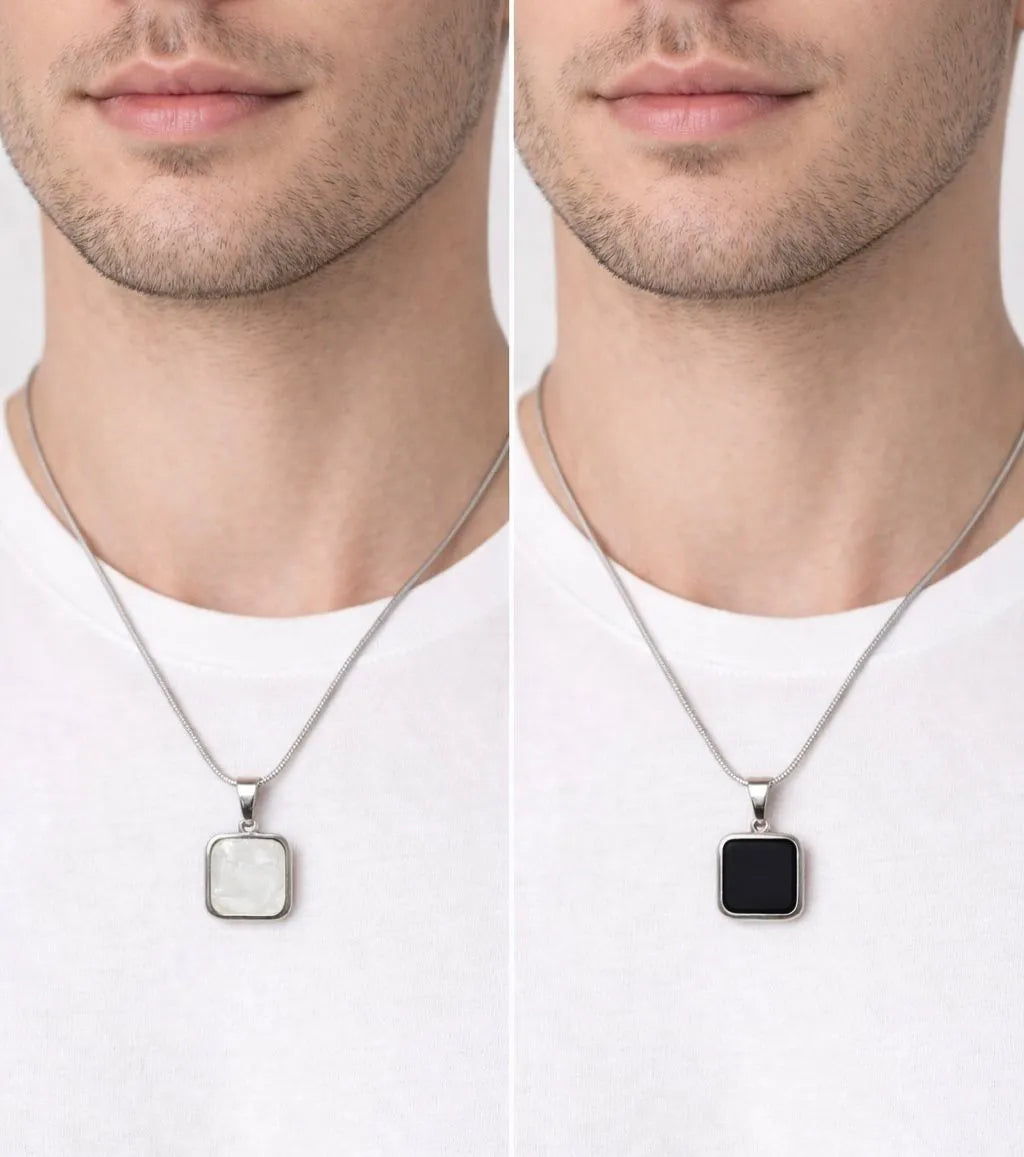 Dual sided black and white square pendant gold necklace for women - Reversible jewelry Pakistan