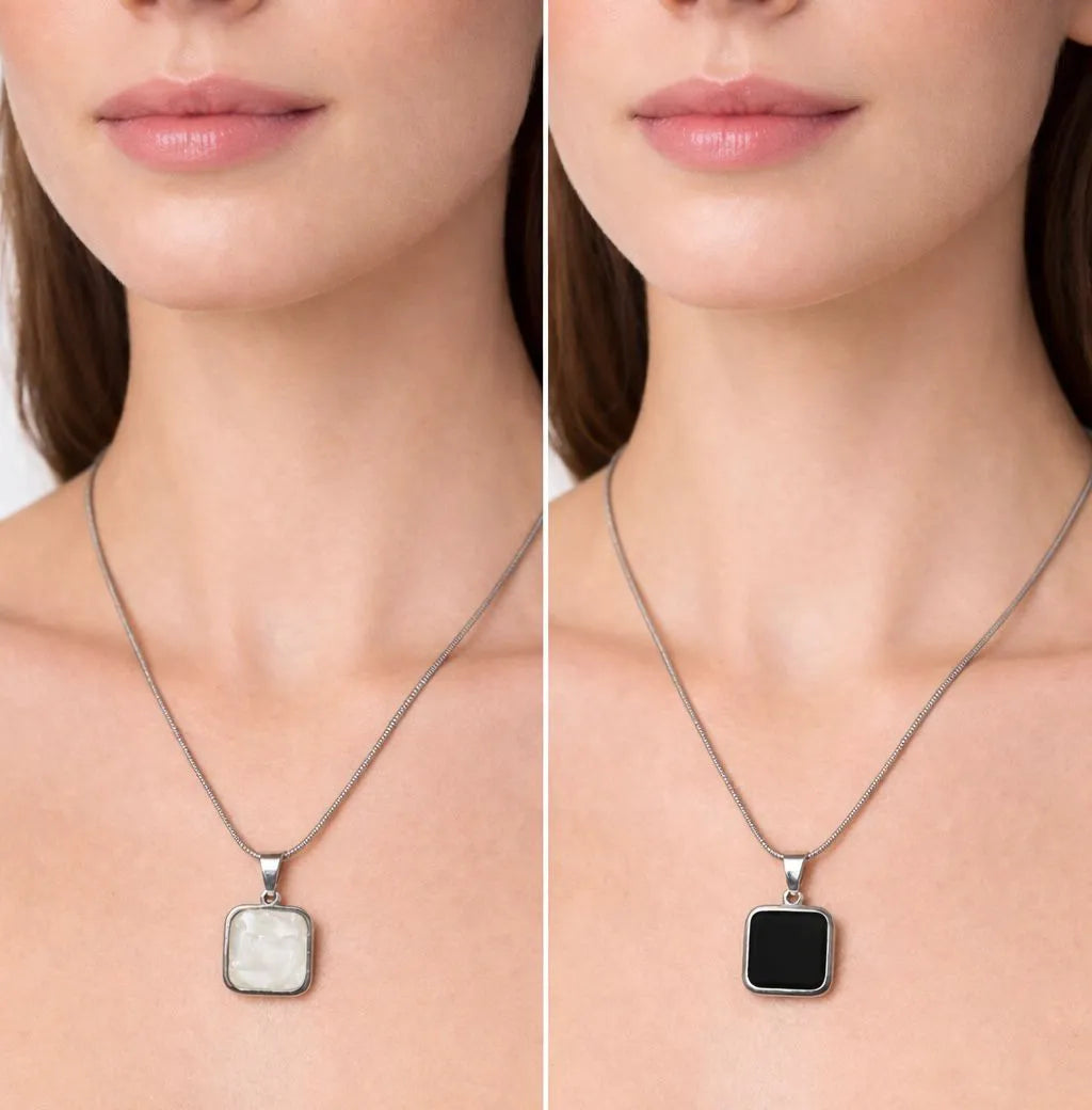 Dual sided black and white square pendant gold necklace for women - Reversible jewelry Pakistan