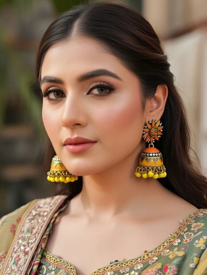 Yellow and orange enamel sunflower jhumki style earrings for women - Traditional Pakistani Jhumkay Lahore Karachi