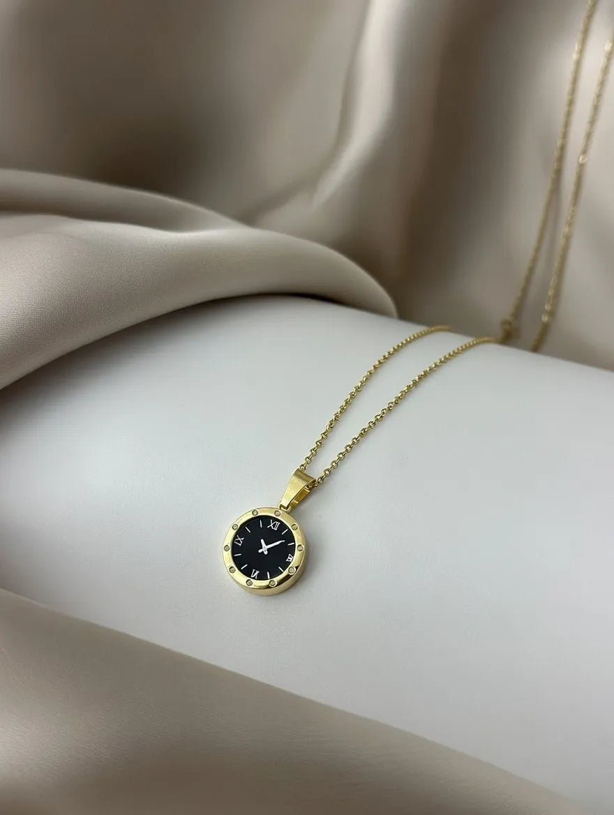 Minimalist gold watch face medallion necklace for women - Modern artificial jewelry designs in Pakistan