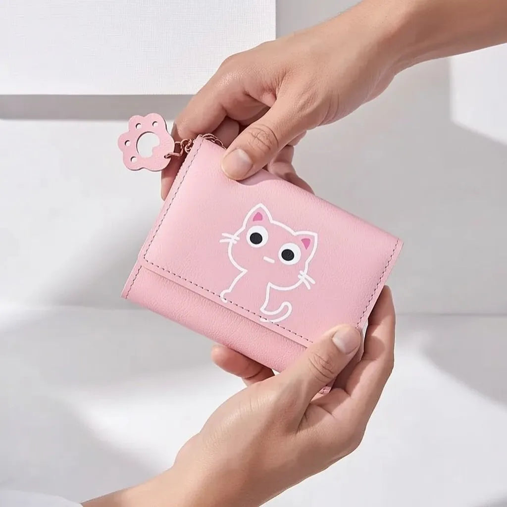 Cute Cat Trifold Faux Leather Wallet for Girls and Teens in Pink and Blue