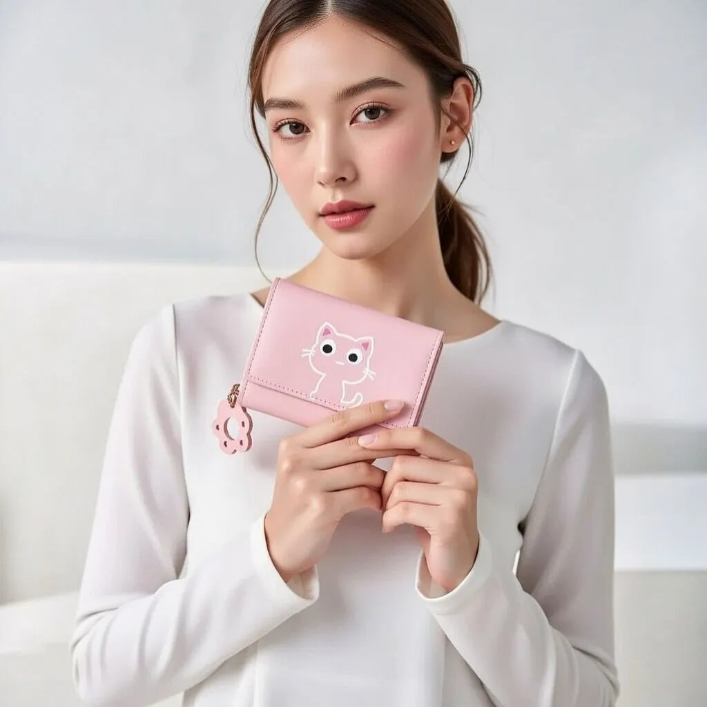 Cute Cat Trifold Faux Leather Wallet for Girls and Teens in Pink and Blue