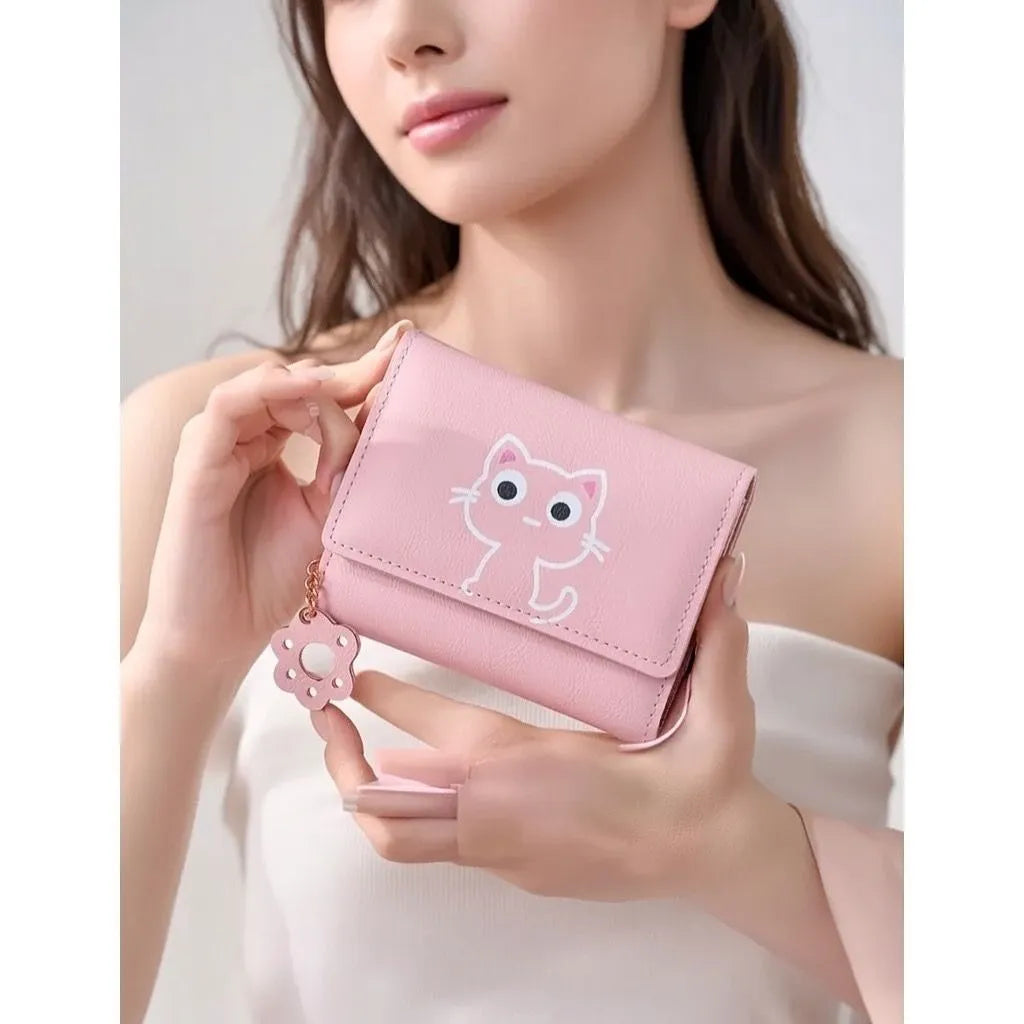 Cute Cat Trifold Faux Leather Wallet for Girls and Teens in Pink and Blue
