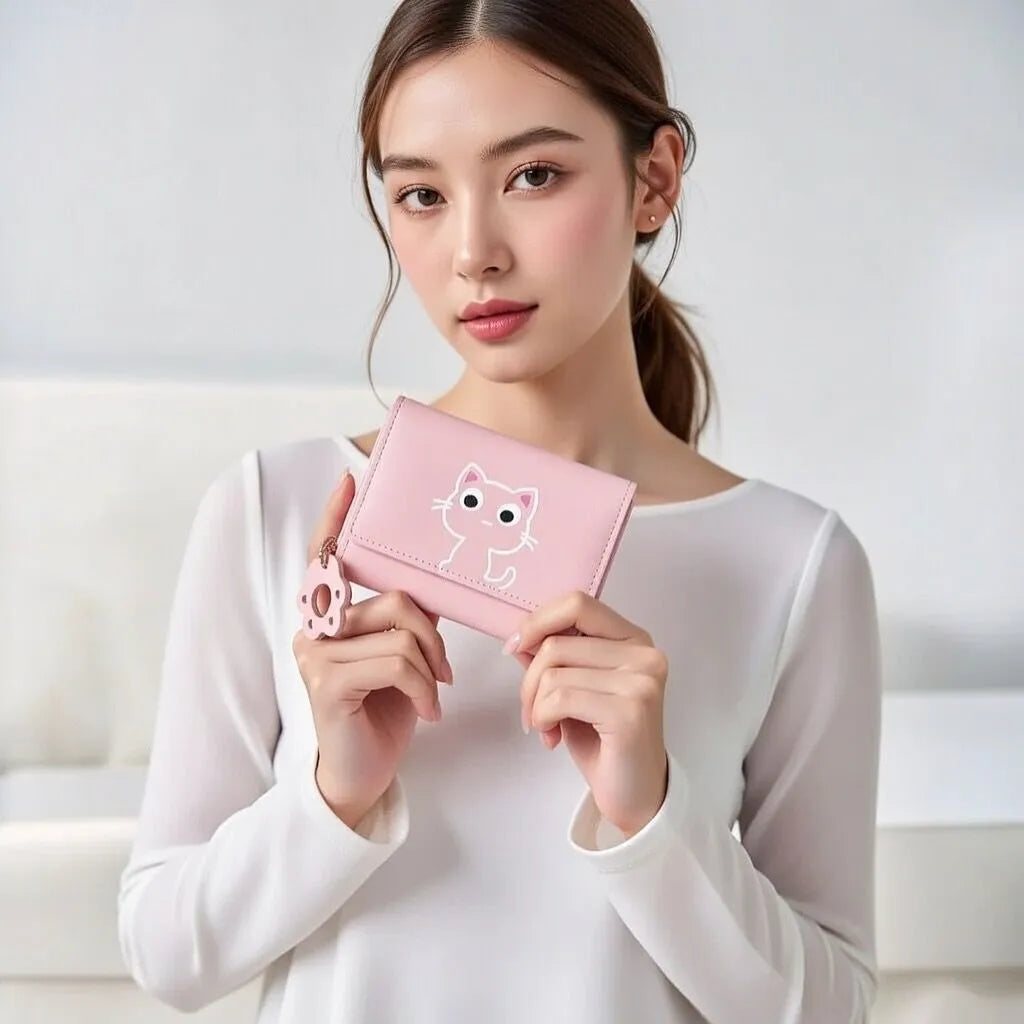 Cute Cat Trifold Faux Leather Wallet for Girls and Teens in Pink and Blue