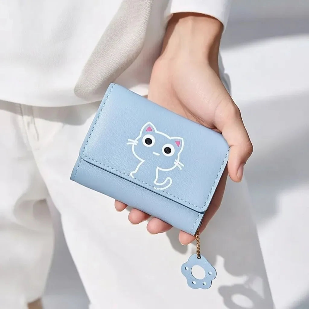 Cute Cat Trifold Faux Leather Wallet for Girls and Teens in Pink and Blue