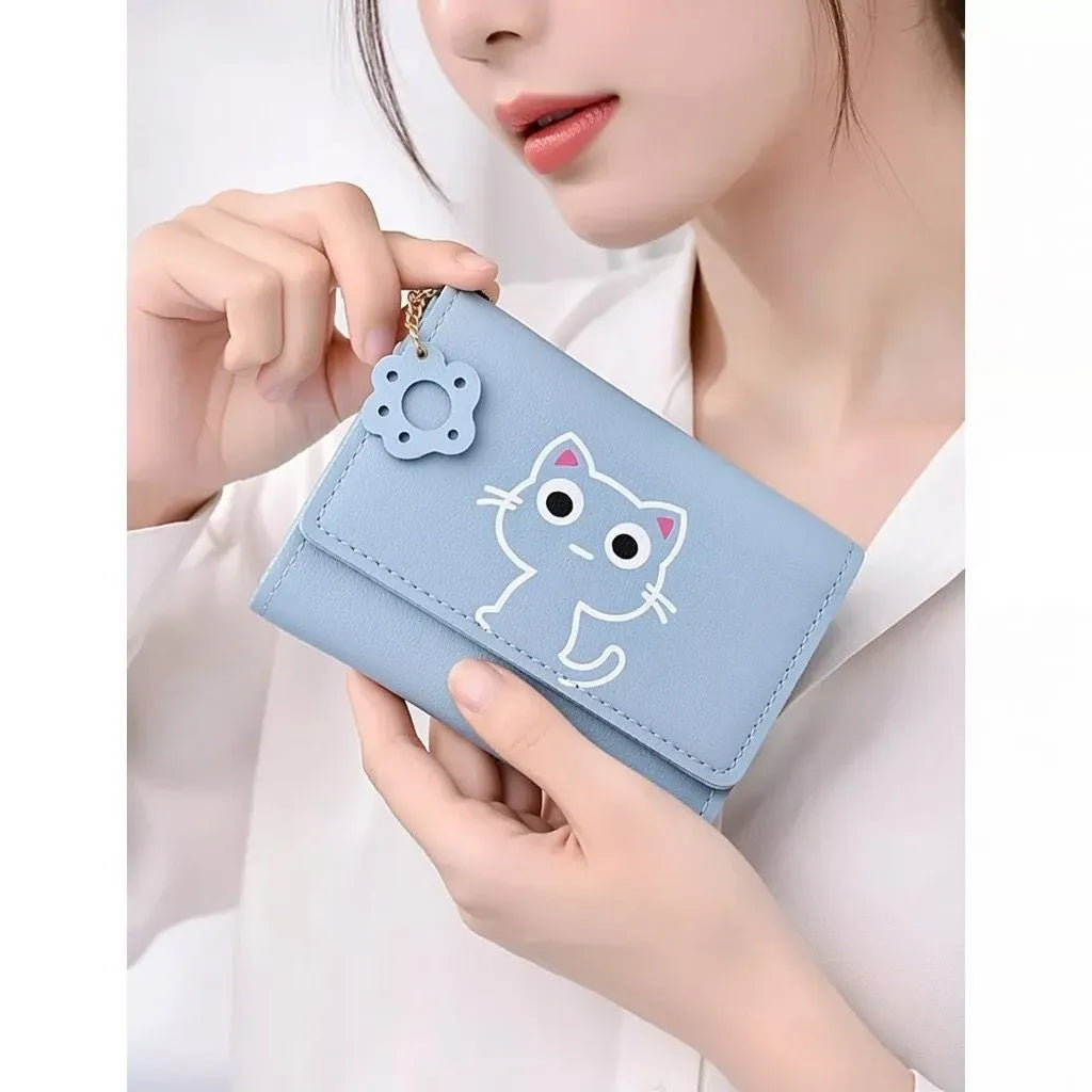 Cute Cat Trifold Faux Leather Wallet for Girls and Teens in Pink and Blue