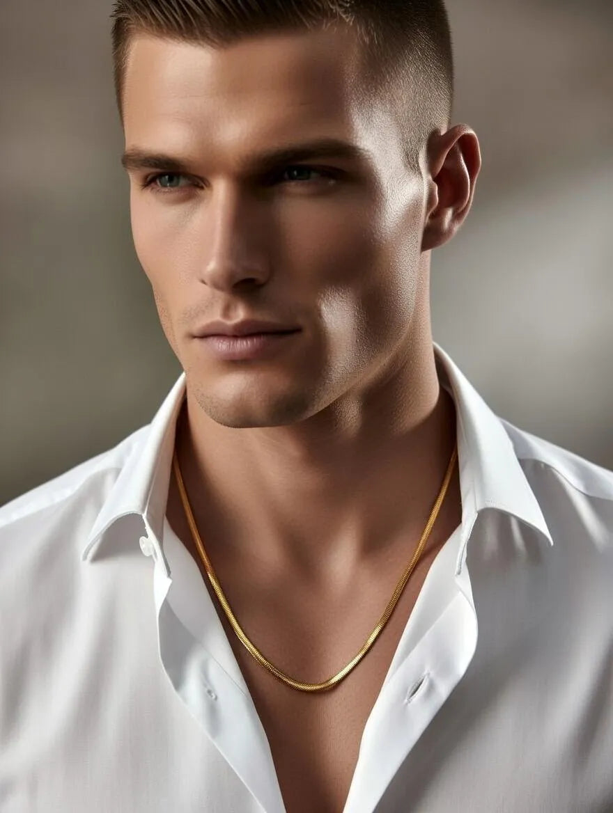 Men's Gold Plated Stainless Steel Flat Herringbone Snake Chain Necklace