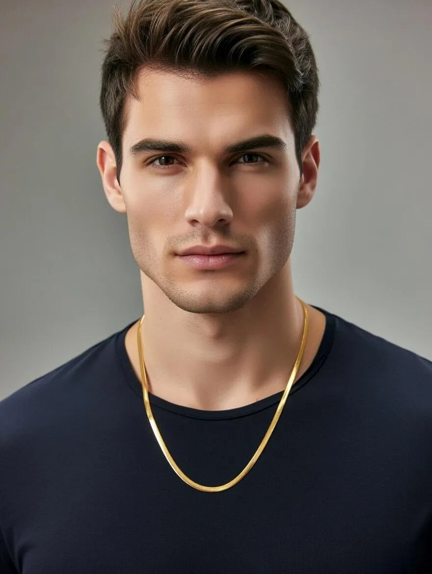 Men's Gold Plated Stainless Steel Flat Herringbone Snake Chain Necklace