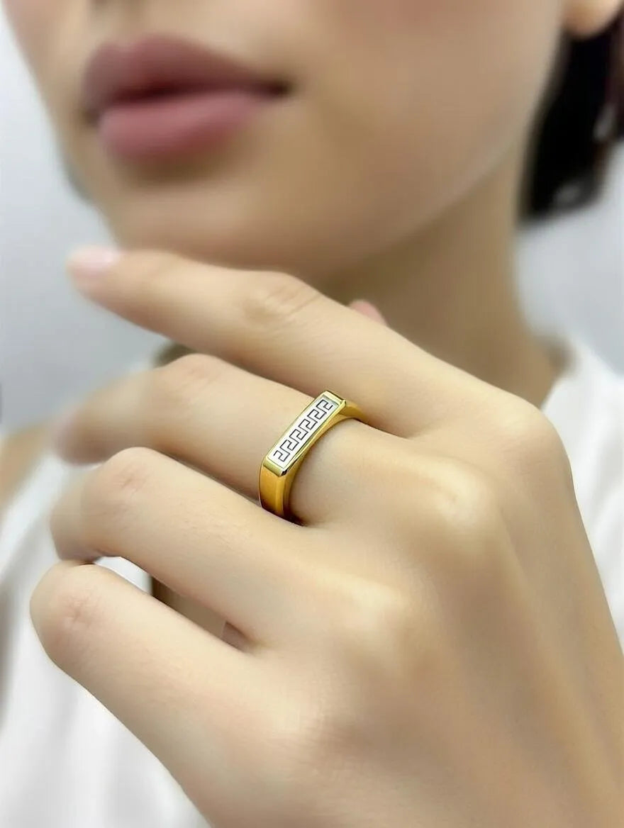 A polished gold men's signet ring with a rectangular silver-toned face