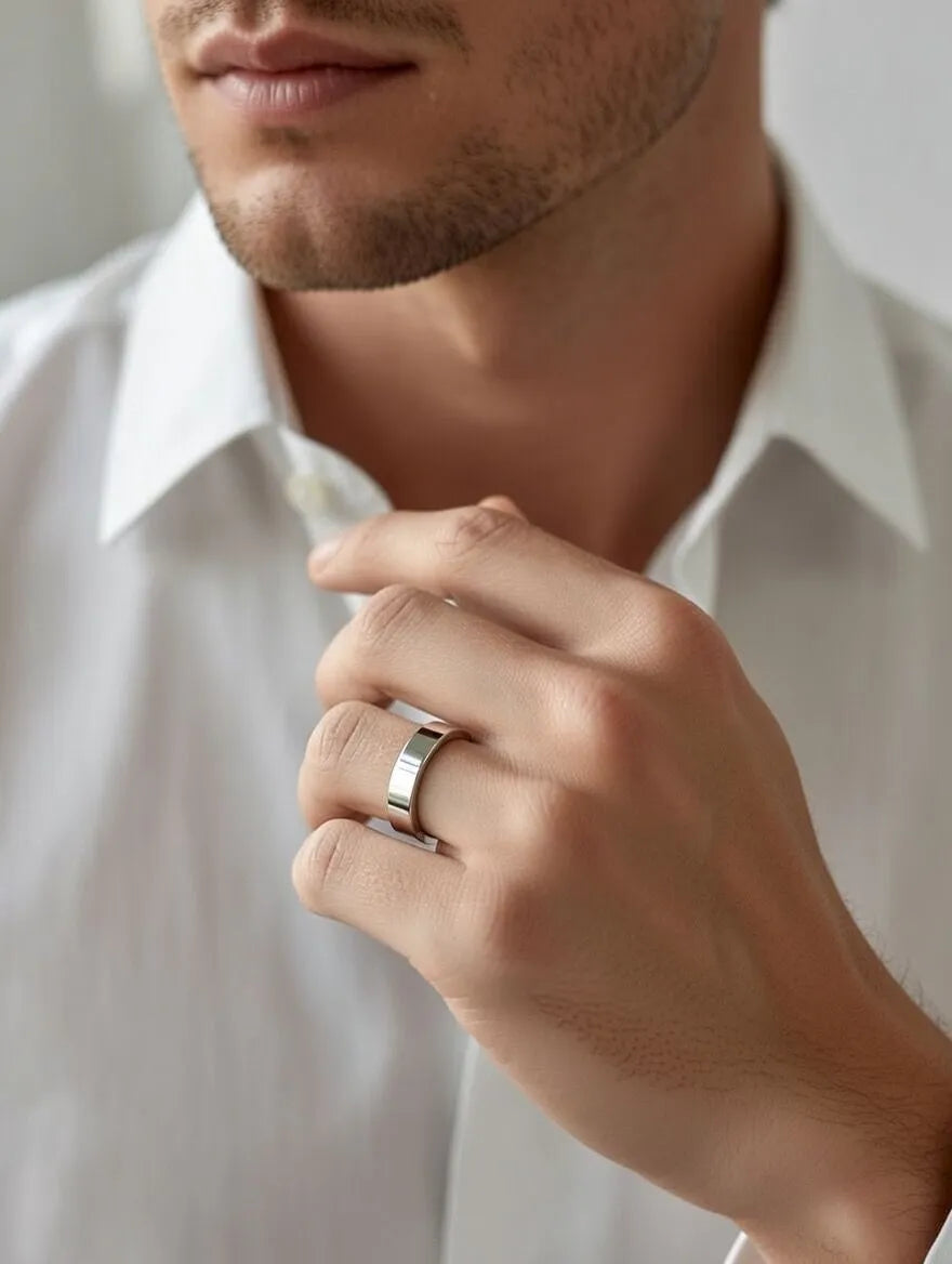 Men's Matte Silver and Polished Mirror Edge Stainless Steel Band Ring