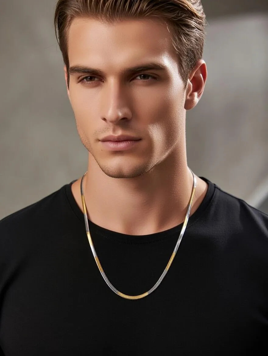 Two Tone Gold and Silver Stainless Steel Herringbone Snake Chain Necklace for Men
