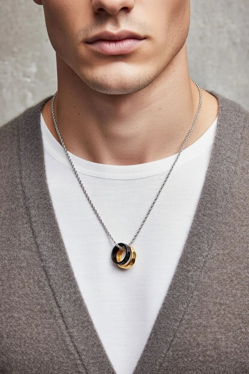 Double Ring Pendant Necklace for Men – Stylish Silver Chain with Black & Gold Accents
