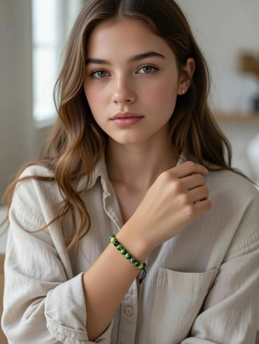 Unisex Lime Green Marbled Jasper Adjustable Beaded Bracelet for Men and Women