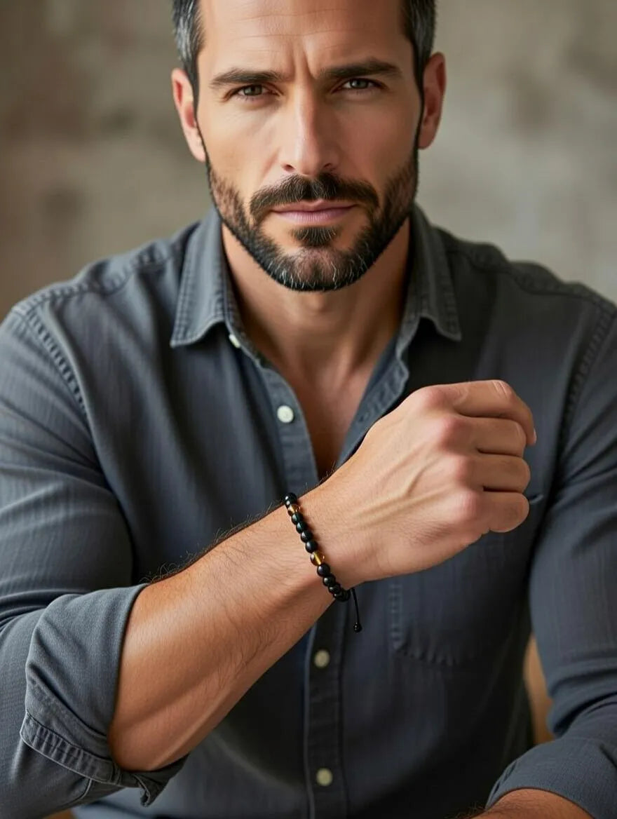 Unisex adjustable bracelet with green obsidian beads and faceted amber-colored tiger eye beads on a black cord, displayed on a white podium with silk fabric.