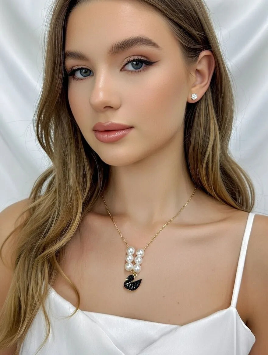 Luxury Black Swan Necklace Set for Women – Elegant Pearl & Crystal Jewelry Set with Matching Earrings