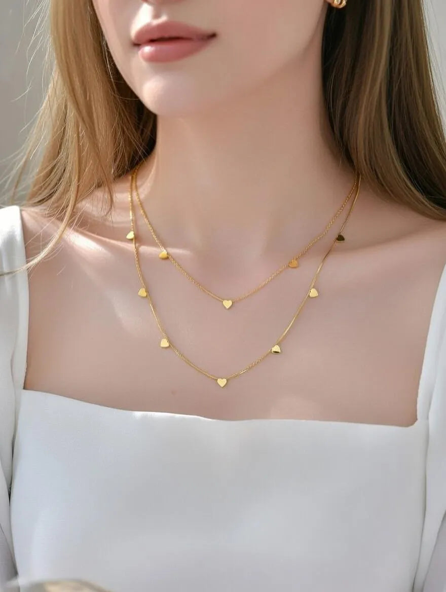 Aureva Double Layer Gold Heart Necklace – Multi-Charm Anniversary & Valentine's Gift for Women in Pakistan
