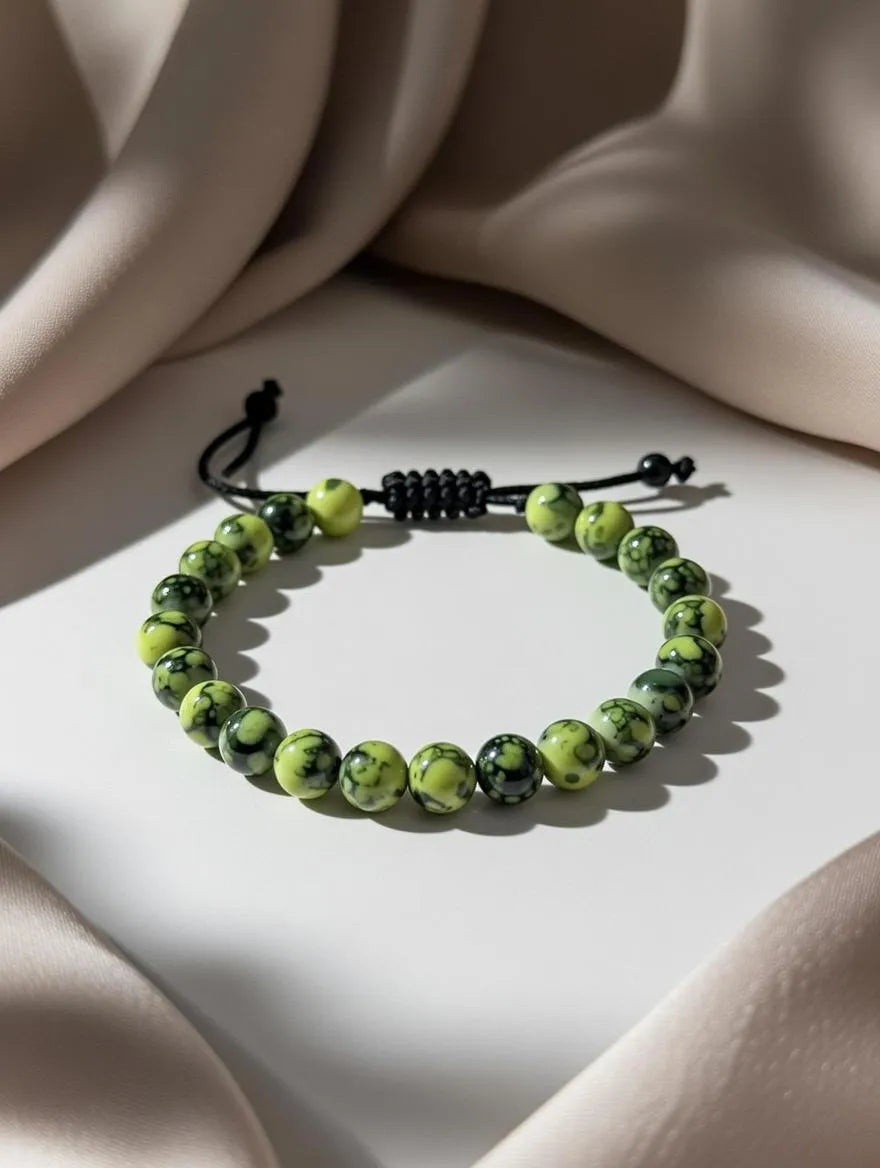 Unisex Lime Green Marbled Jasper Adjustable Beaded Bracelet for Men and Women