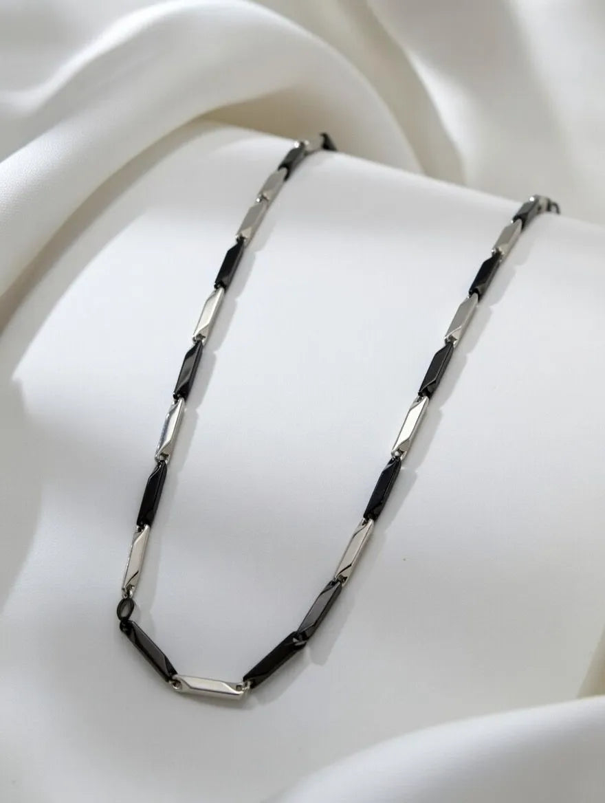 Men's Black and Silver Bar Link Stainless Steel Necklace