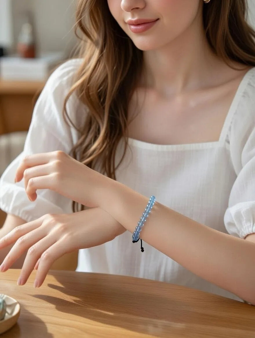 Unisex Blue Translucent Beaded Adjustable Bracelet for Men and Women