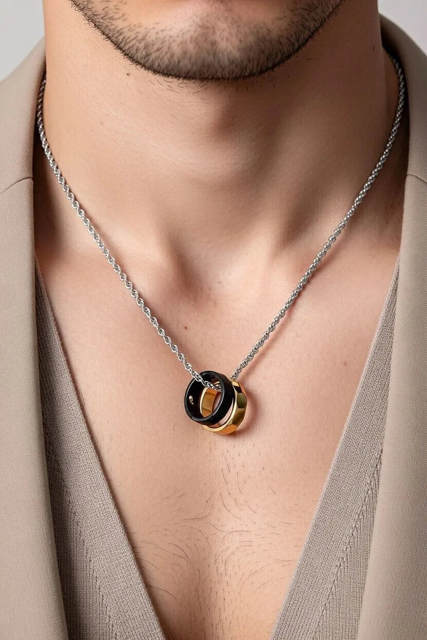 Double Ring Pendant Necklace for Men – Stylish Silver Chain with Black & Gold Accents