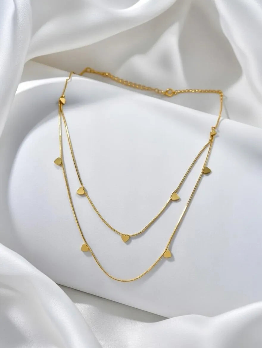 Aureva Double Layer Gold Heart Necklace – Multi-Charm Anniversary & Valentine's Gift for Women in Pakistan
